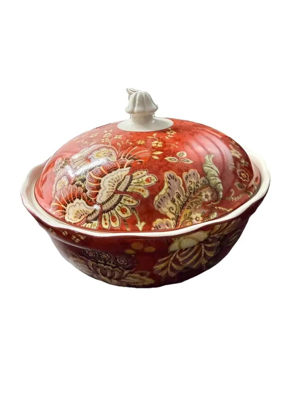 222 Fifth Gabrielle Red Paisley Covered Vegetable Serving Bowl w Lid